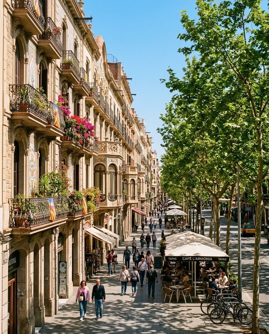 Tree-lined Eixample street with flowered balconies and a café terrace