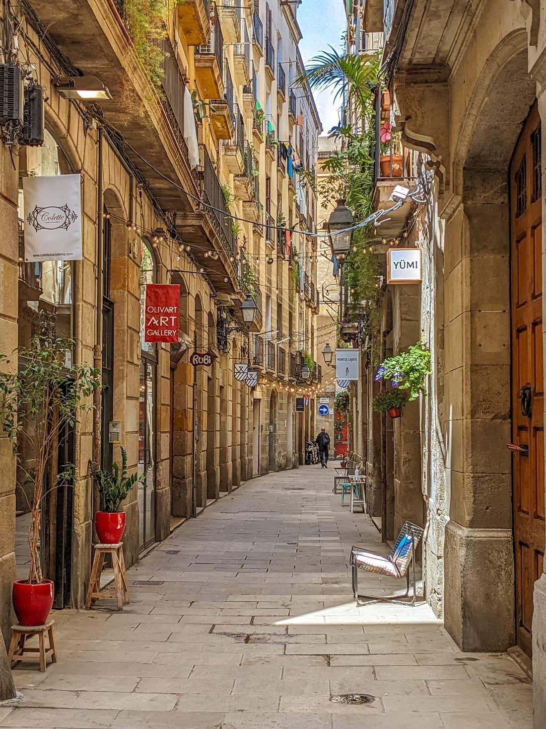 A quiet stone street in El Born with small shops and plants